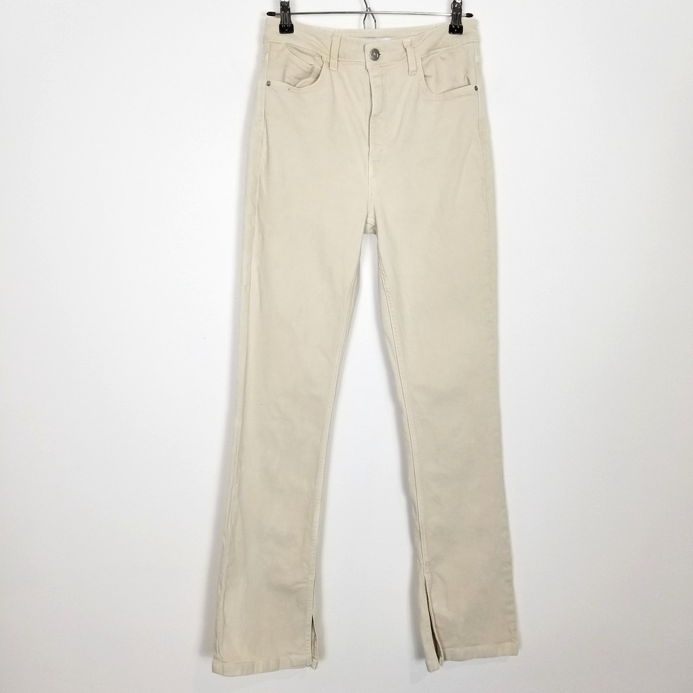 Zara Women Straight Leg Slit Hem Jeans Sz 6‎ Cream High Rise City Modern